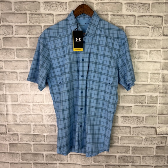 Under Armour Tide Chaser 2.0 Baby Blue Plaid Button Up Shirt Men Small Loose NWT - Picture 2 of 8